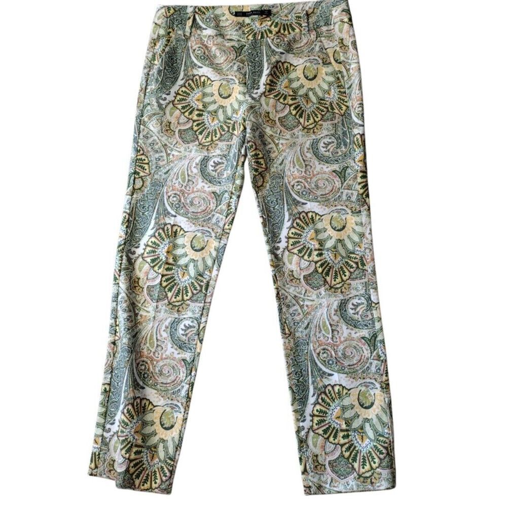 ZARA Pants Women 4 Green Multicolor Floral Paisley Boho Stretch Pockets EUC